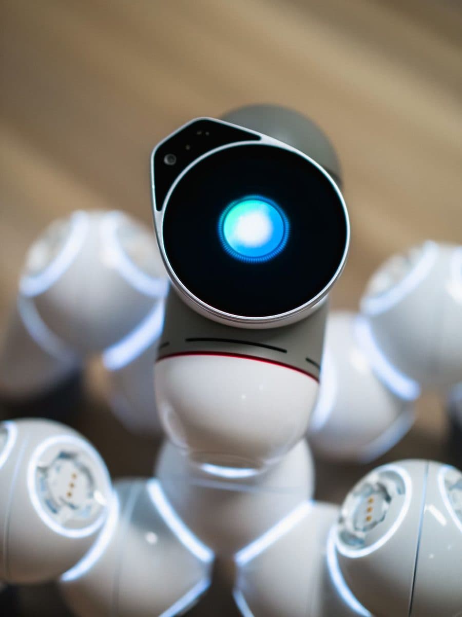 Overhead view of a robot's illuminated blue camera eye